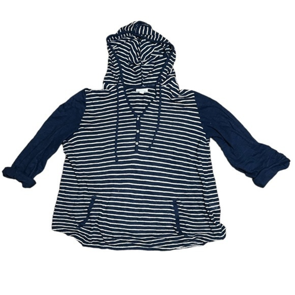 J Jill Women’s Pullover Hooded Sweater‎ Blue White Nautical Stripe Size Large